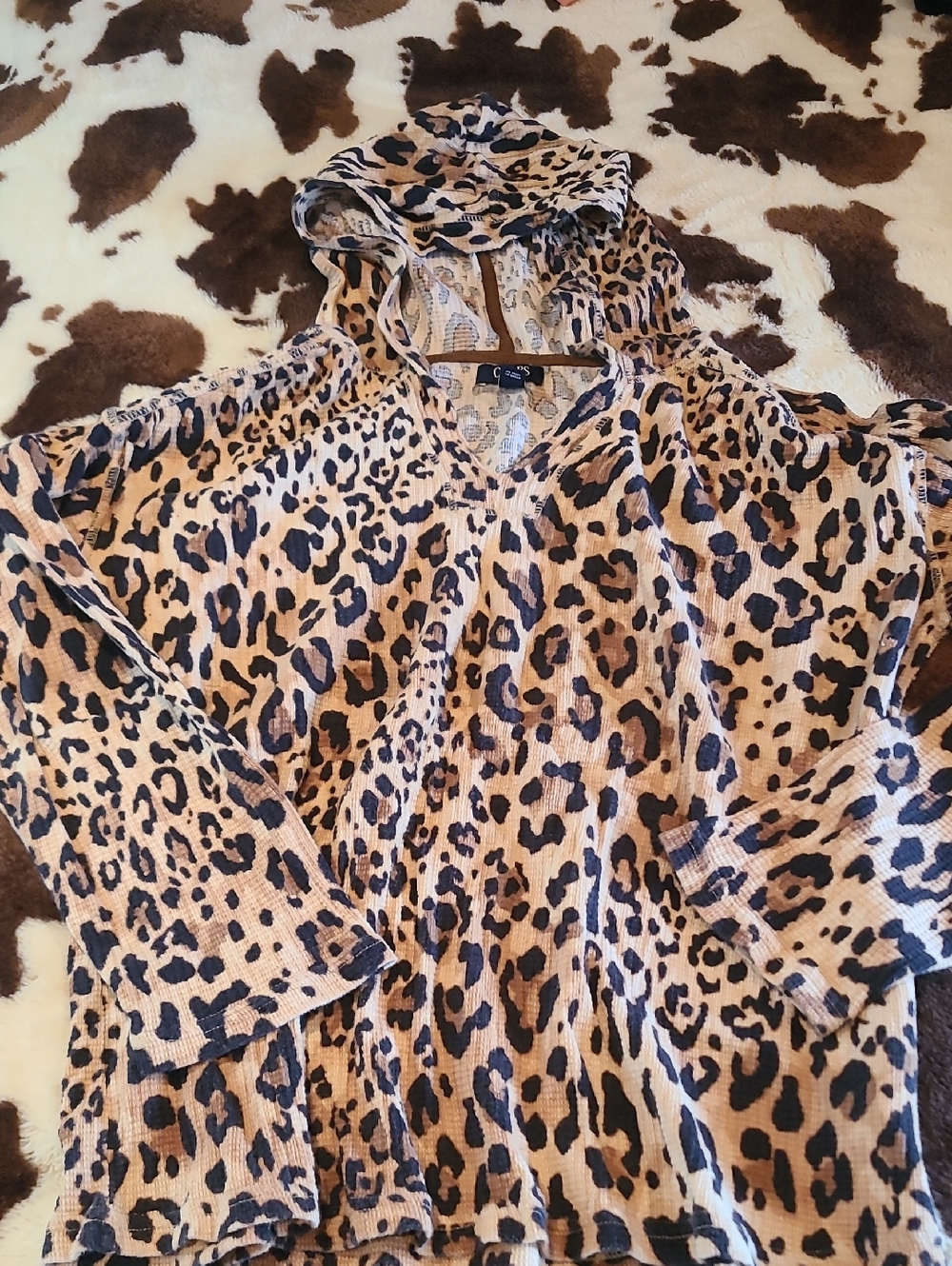 Chaps Leopard Print Hooded Top in Tan and Black